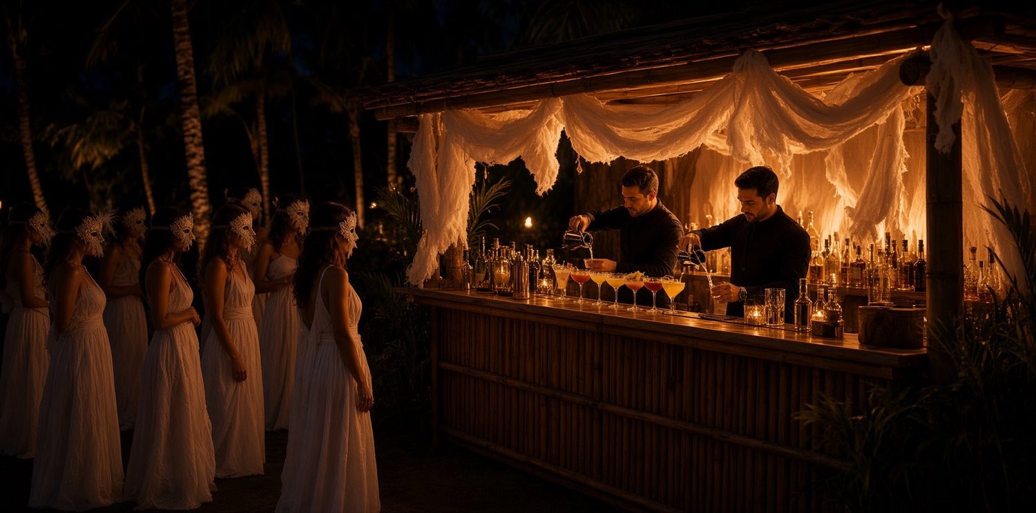 Barra iluminada con velas, invitados de blanco esperando