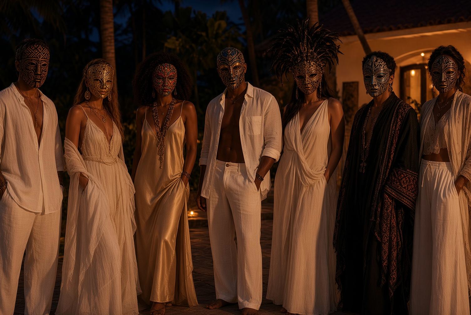 Invitados con máscaras, vestidos de blanco y negro