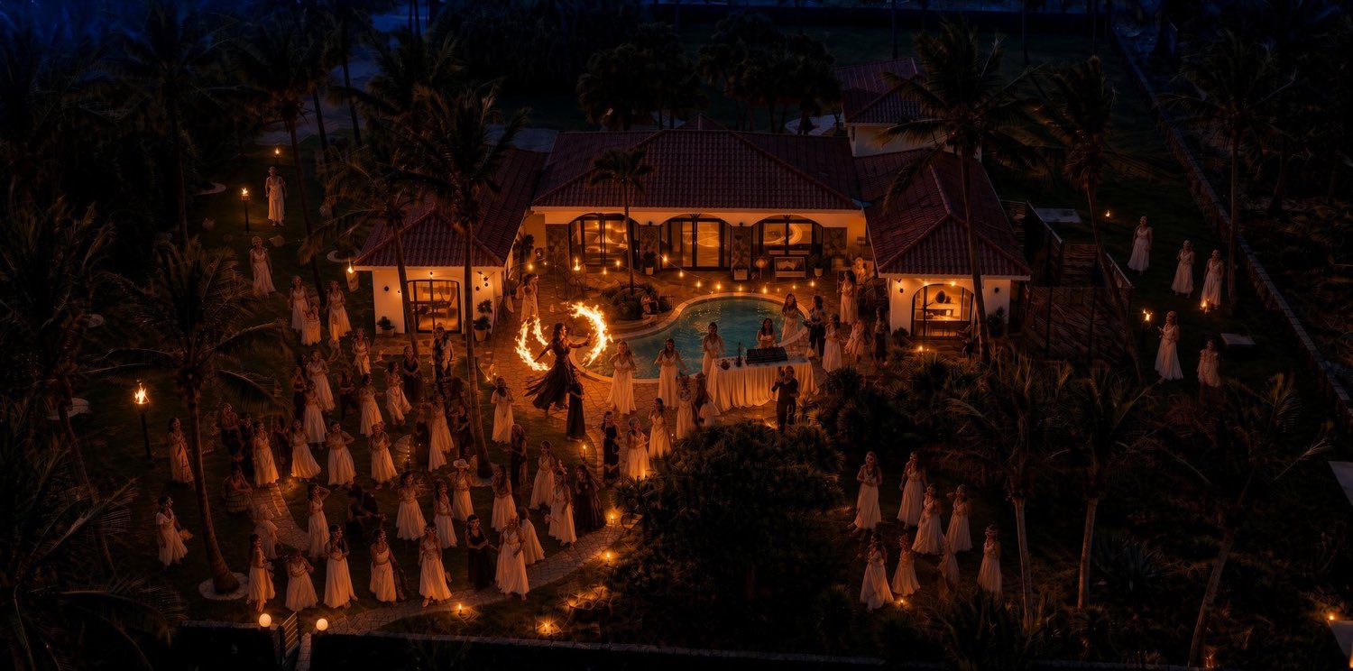 La villa de noche, con antorchas y un momento de fuego junto a la piscina